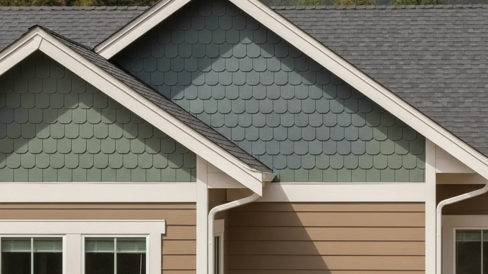 A gable clad in fiber cement shingle and shake siding above lap siding