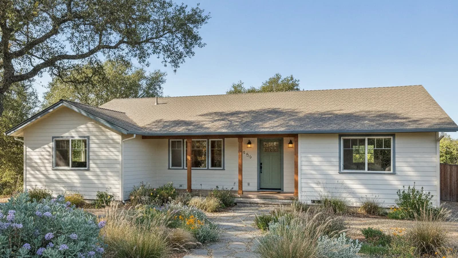 A comfortable single-story Northern California home clad in fiber cement lap siding