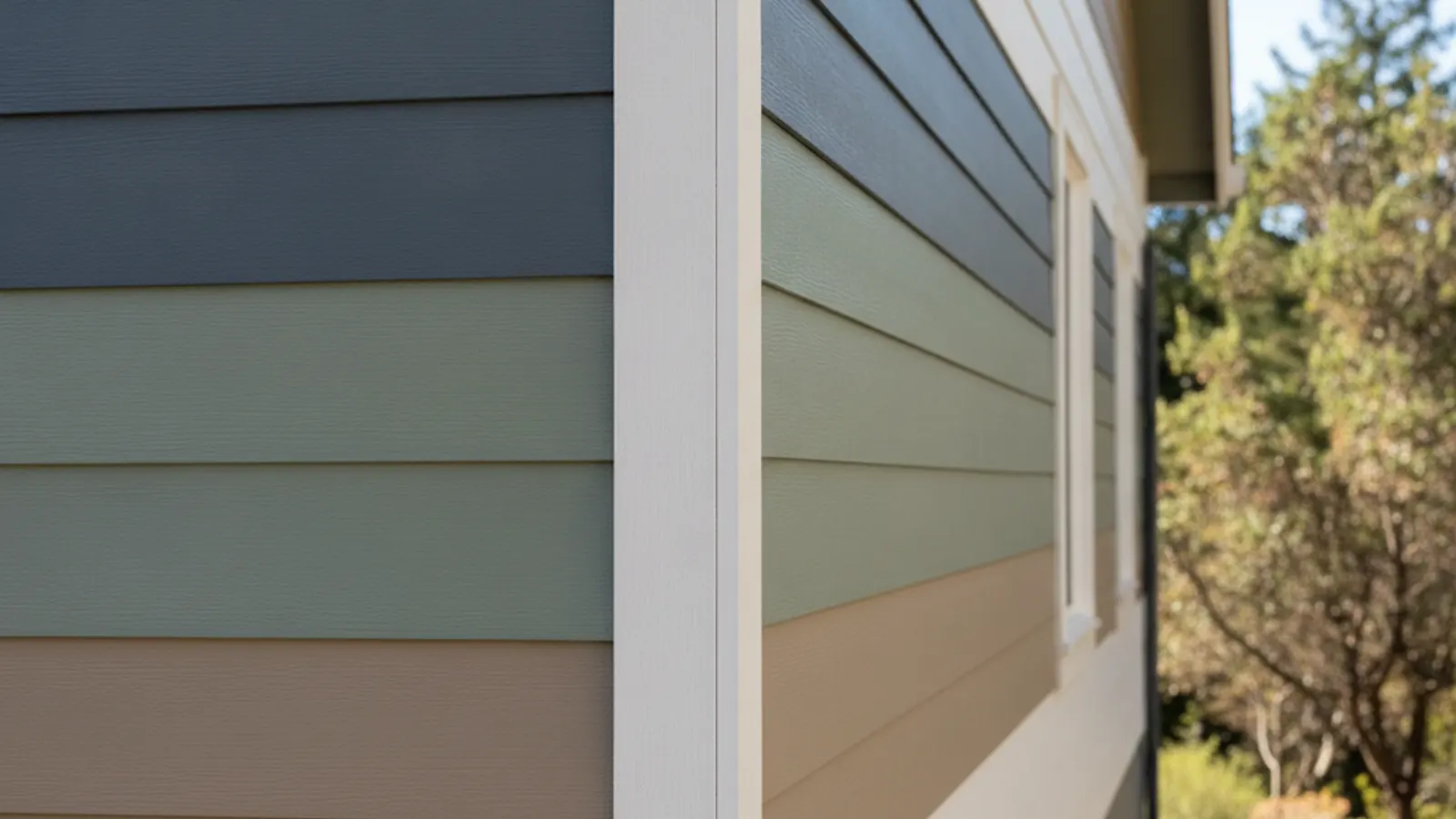 Close-up of fiber cement lap siding texture and a neat trimmed corner