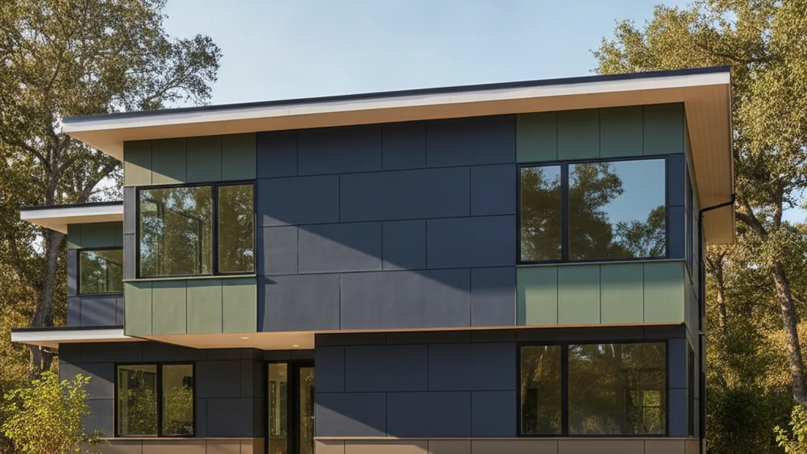 A contemporary facade clad in large architectural fiber cement wall panels with concealed fasteners