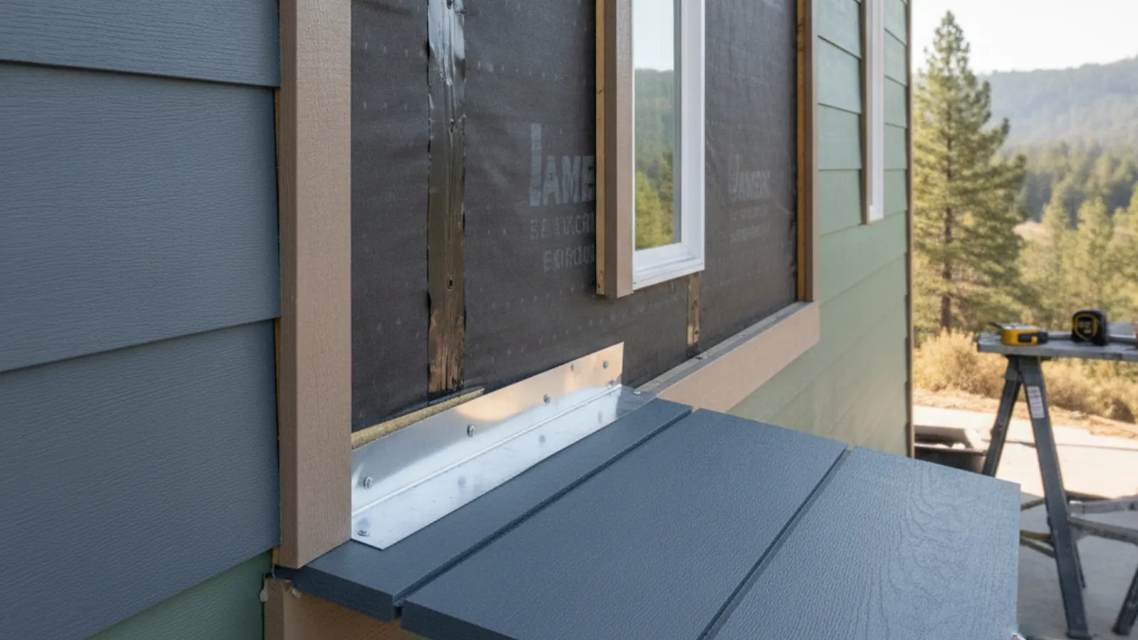 Fiber cement lap siding being installed over a weather-resistive barrier with flashing at a window
