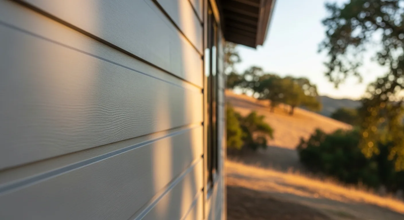 Close-up of Class A non-combustible fiber cement lap siding on a modern California foothill home, smooth gray planks with crisp shadow lines under bright sky