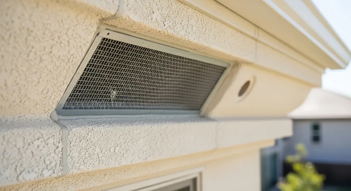 Detail of an ember-resistant baffled attic vent and sealed wall penetration on a stucco California home in a wildfire hazard zone, showing fire-hardened exterior detailing
