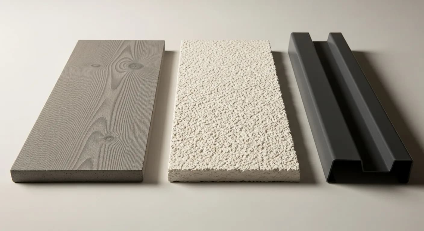Side-by-side material comparison of fiber cement plank, smooth stucco, and standing-seam metal cladding samples representing California fire-resistant siding options