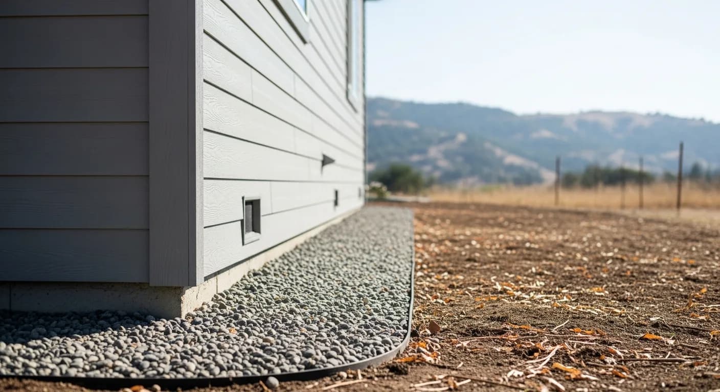 Cleared noncombustible defensible-space zone of gravel along the base of a fiber cement clad California home, foundation wall kept clear of mulch and debris before fire season