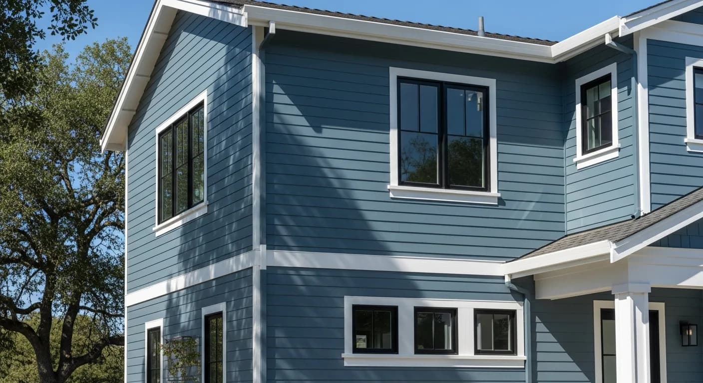 Two-story Northern California home with slate blue-gray James Hardie fiber cement siding and crisp white trim under bright Sacramento valley afternoon light