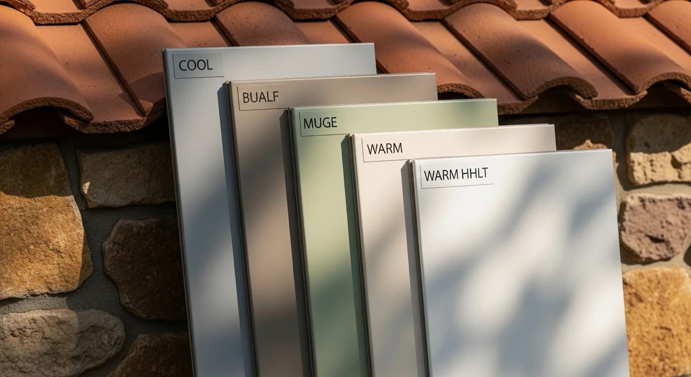 Side-by-side fiber cement siding color sample boards in cool and warm grays held against a clay-tile roof and stone wall in dappled California foothill light