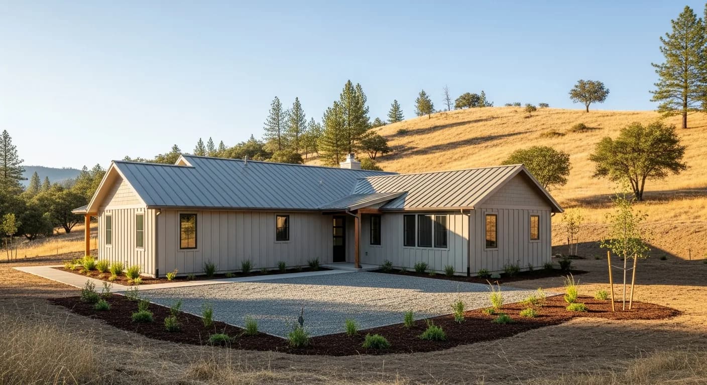 Sierra foothill home with light warm-neutral fiber cement siding surrounded by defensible-space landscaping in a California wildfire-prone area