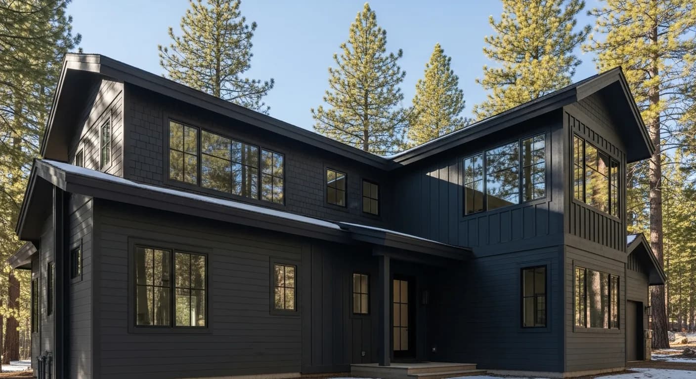Modern Tahoe-area home with dark charcoal fiber cement siding and black window frames under crisp high-altitude alpine light beside a pine forest