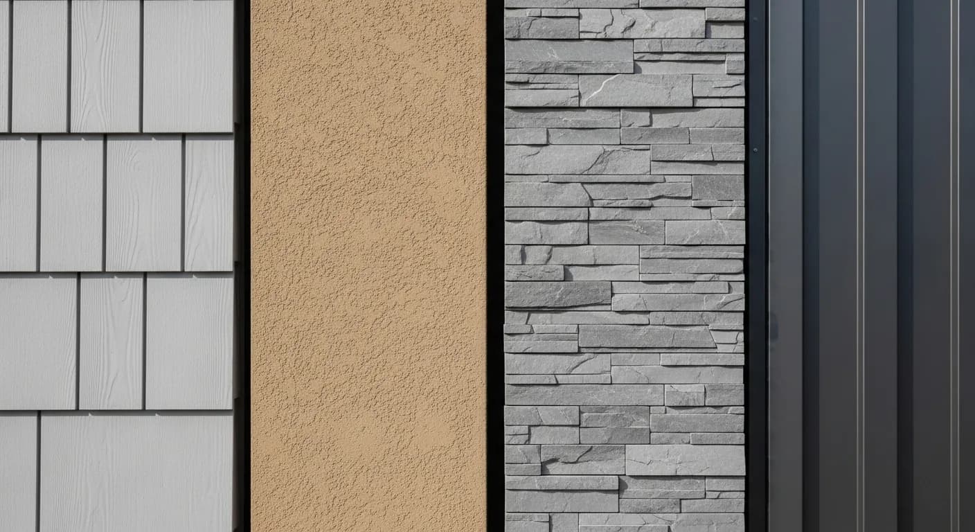 Side-by-side exterior wall samples comparing fiber cement lap siding, stucco, stone veneer, and metal panel for California wildfire resistance