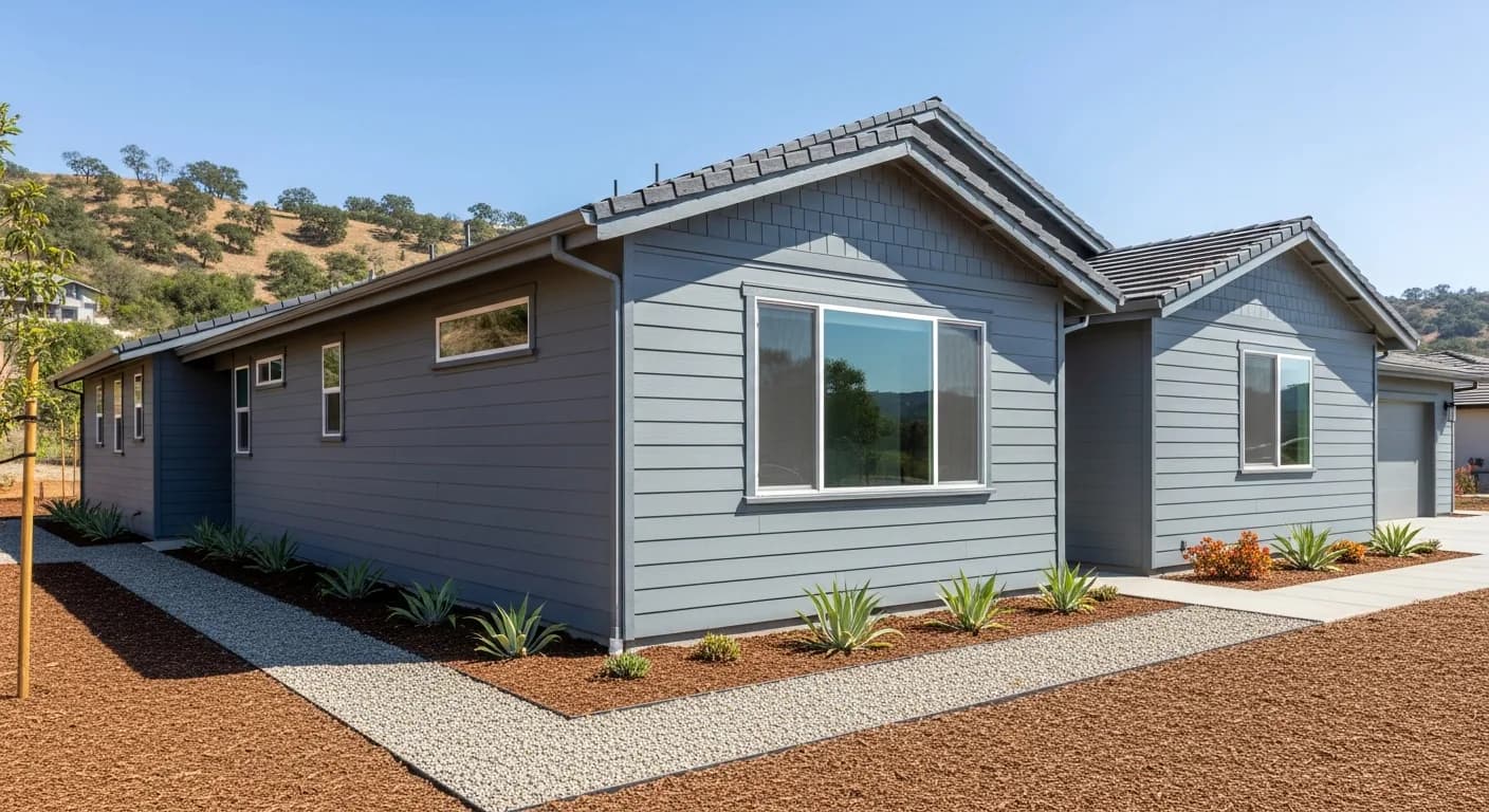 Newly hardened California home exterior with noncombustible fiber cement siding and a cleared ember-resistant zone of gravel along the foundation