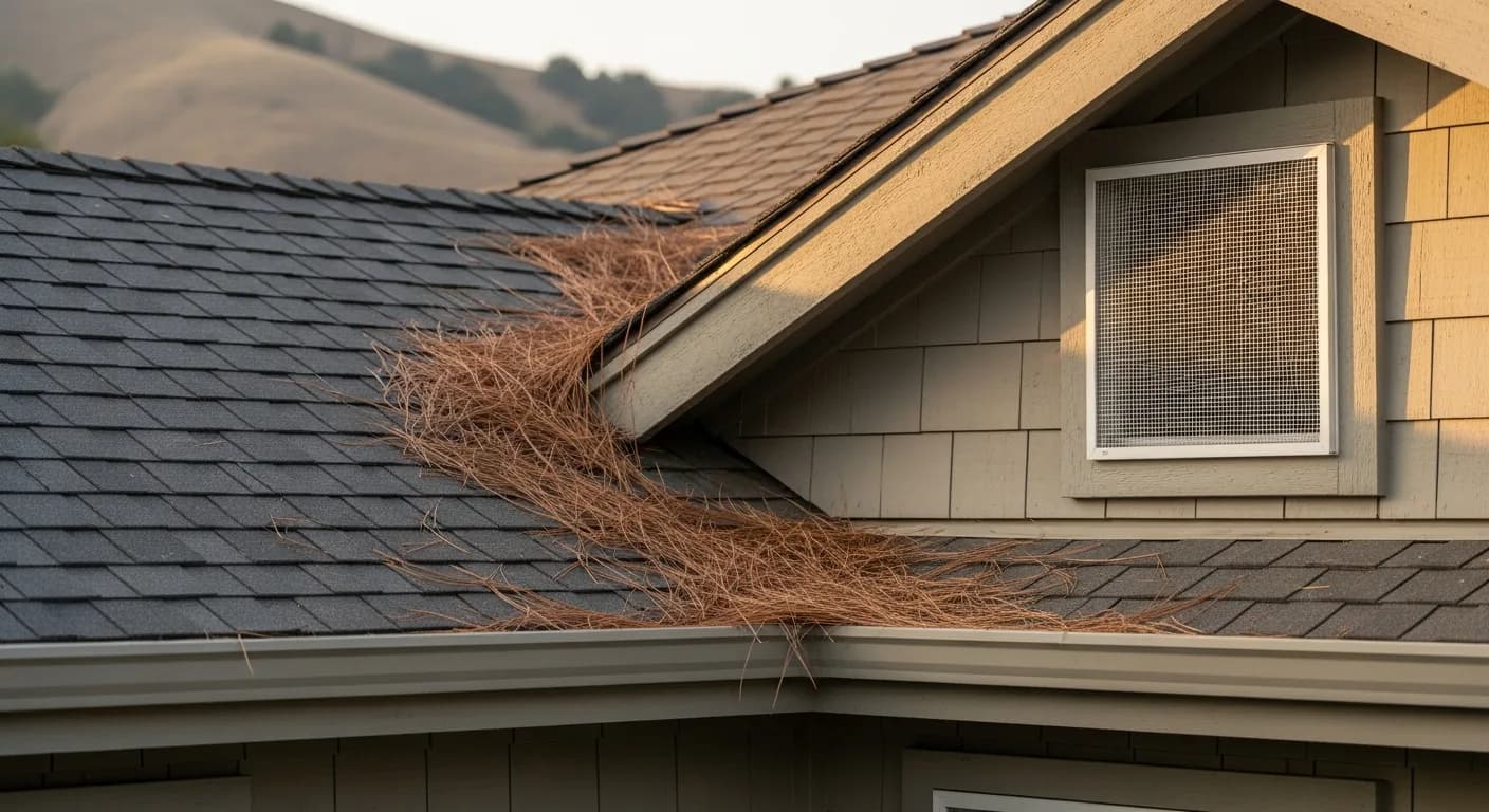 Seasonal home-hardening maintenance scene showing a cleared roof valley and a clean ember-resistant vent screen on a California foothill home