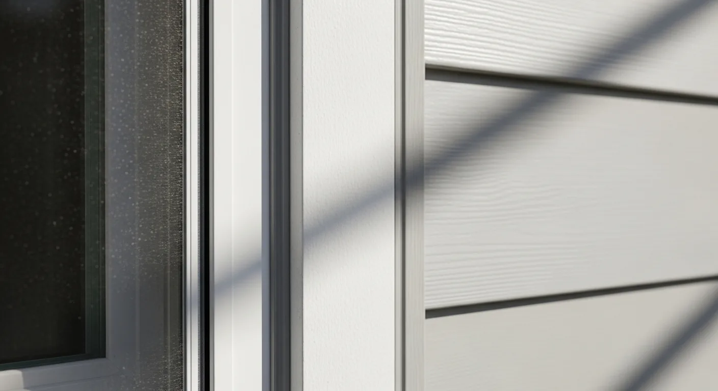 Detail of a clean caulked vertical butt joint and color-matched sealant on installed light-gray fiber cement lap siding around a window trim corner