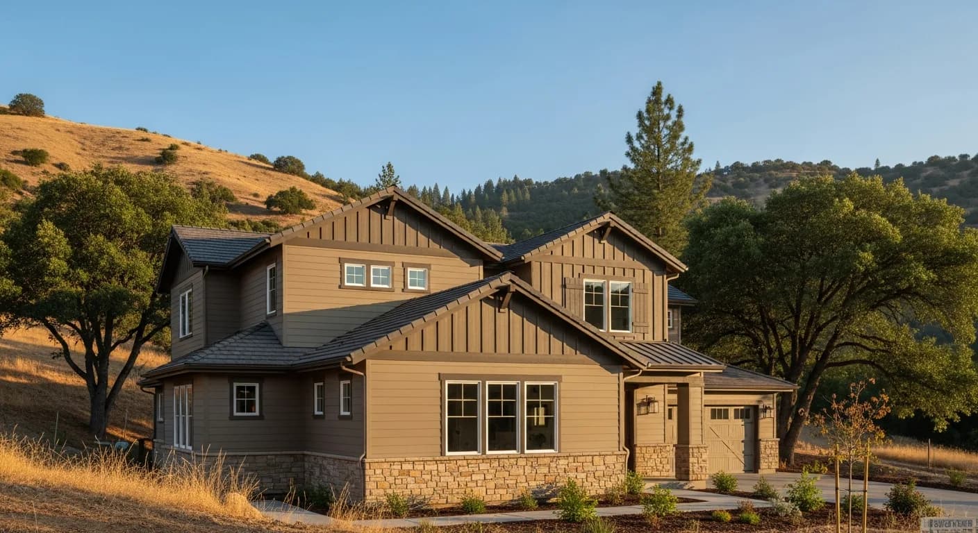 Two-story Sierra foothill California home clad in warm taupe fiber cement siding with stone base, surrounded by oak and pine in fire-aware wildland setting