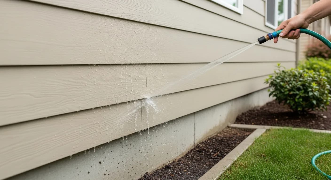Garden hose gently rinsing the lower courses of beige fiber cement siding above a clean ground-clearance gap on a California home foundation