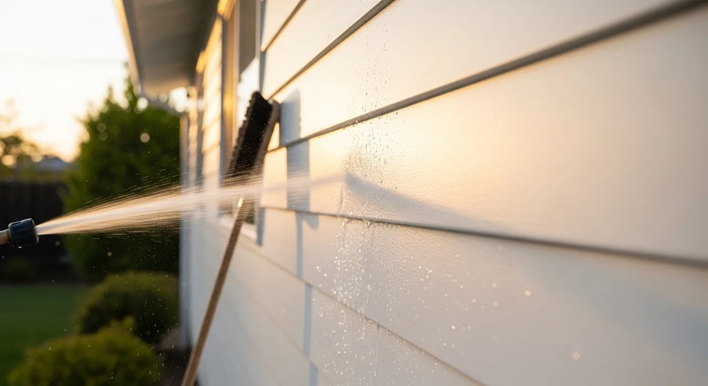 Homeowner gently rinsing white ColorPlus James Hardie fiber cement siding with a low-pressure garden hose on a sunlit Northern California home exterior