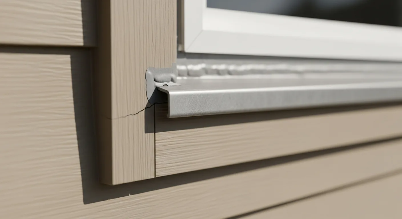 Close-up of window head flashing and weathered caulk joint on California fiber cement siding showing a hairline gap at the trim transition during a maintenance inspection