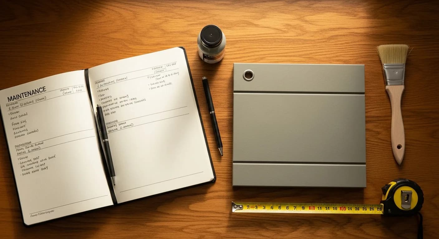 Seasonal home maintenance log and dated checklist notebook beside a fiber cement siding color sample and touch-up paint bottle on a wooden table