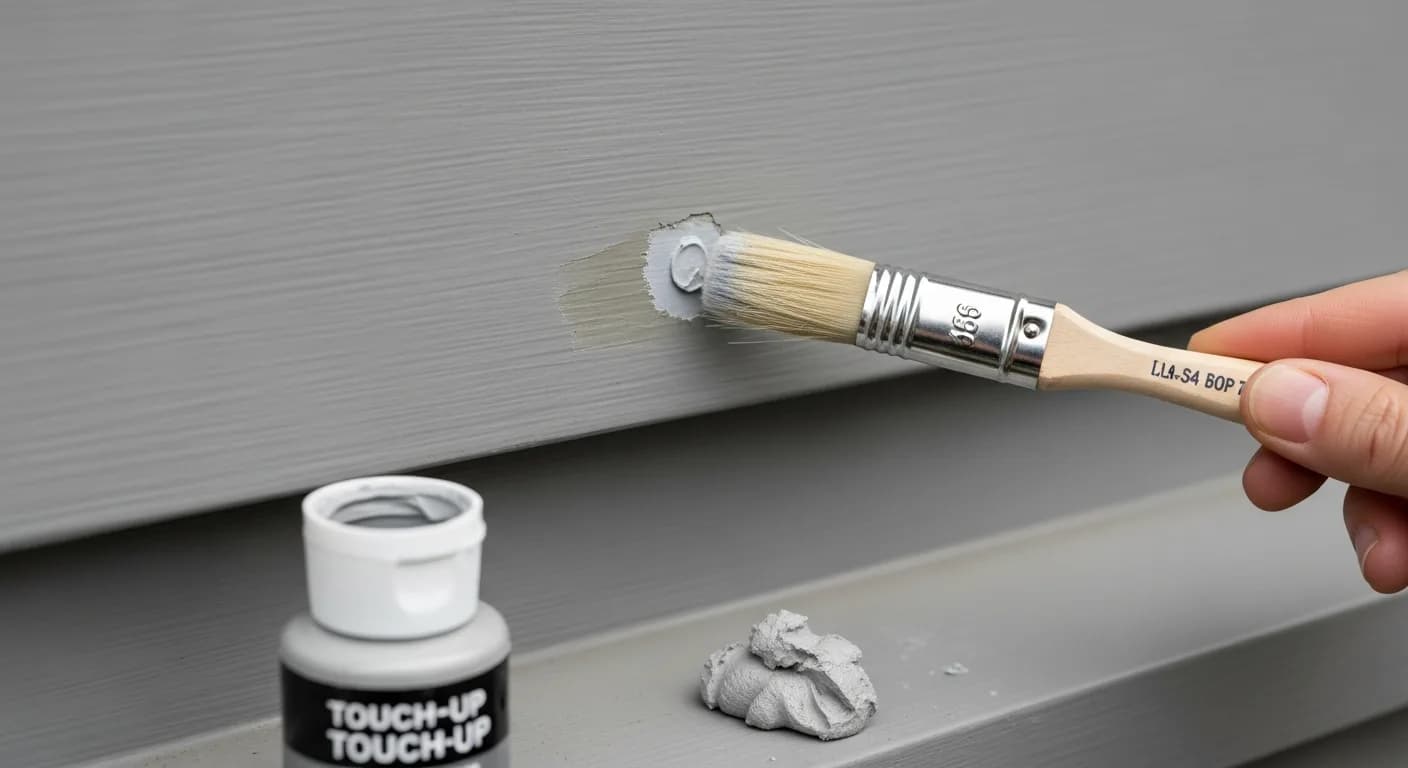 Touch-up repair of a small chip on gray fiber cement lap siding with a fine brush and color-matched paint bottle during a California home exterior fix