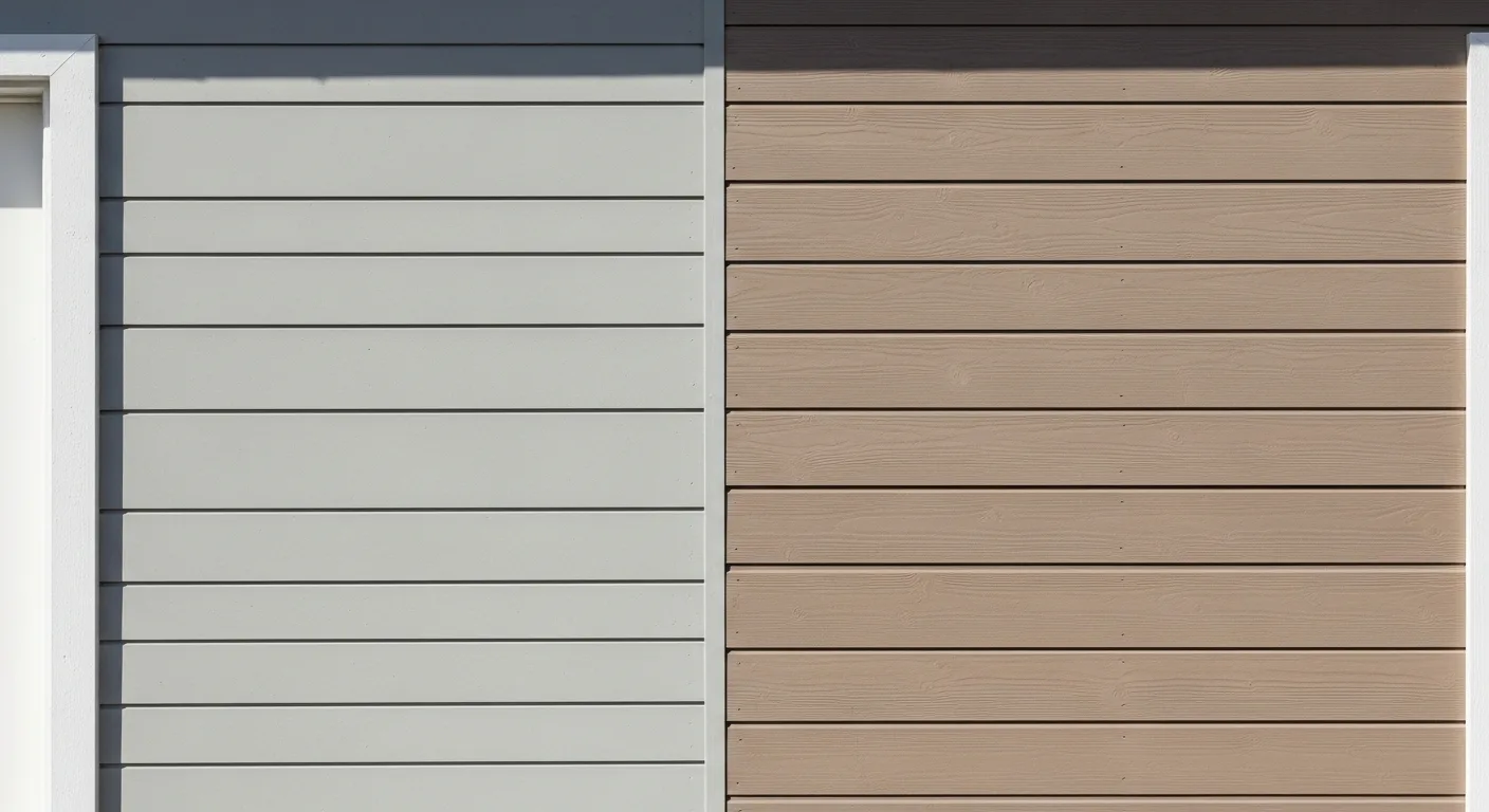 Side-by-side wall comparison of James Hardie fiber cement lap siding and LP SmartSide engineered wood lap siding on a Northern California home
