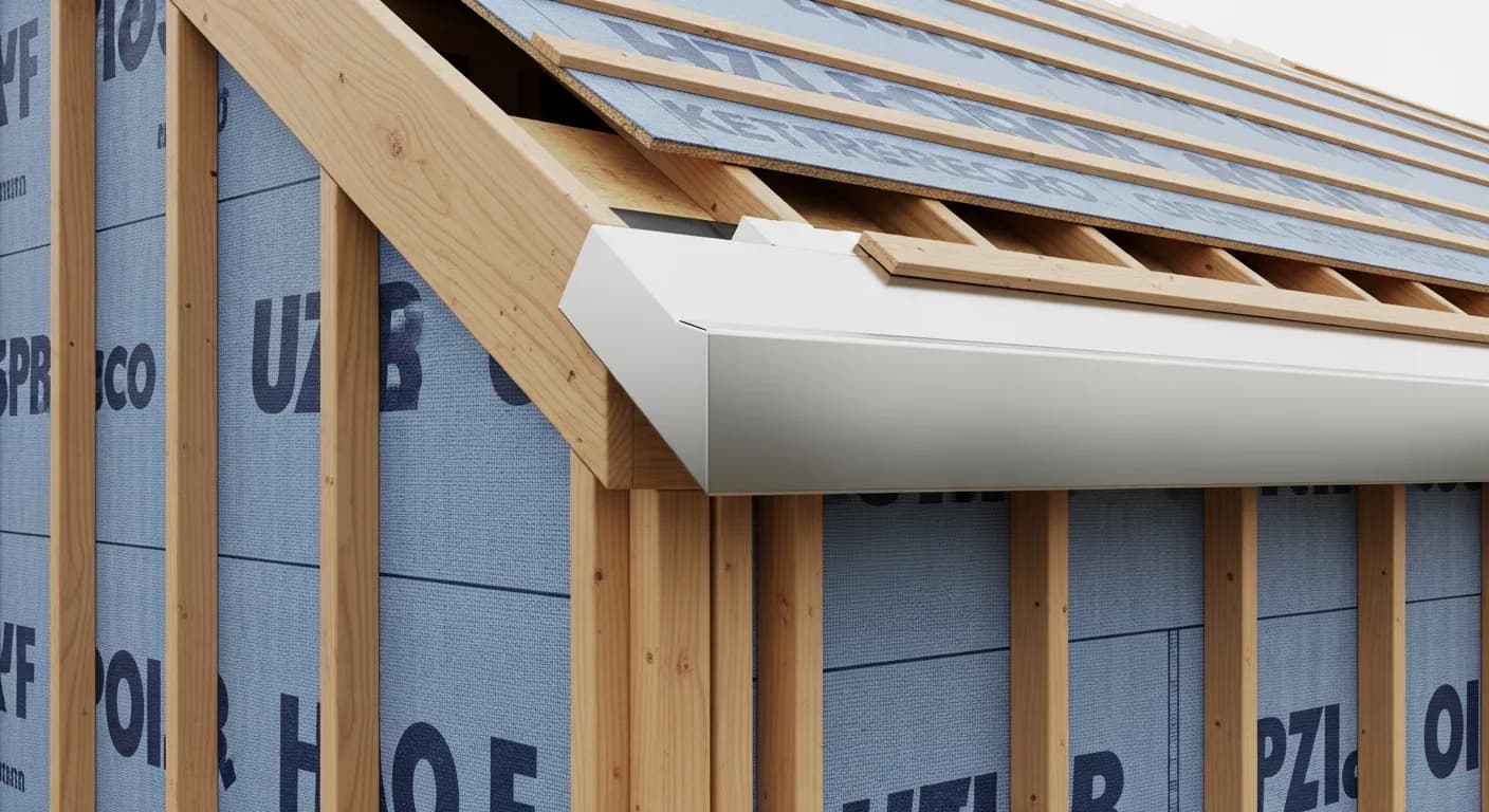 Drainage plane detail behind siding showing water-resistive barrier, kickout flashing, and a ventilation gap on a wood-framed California wall