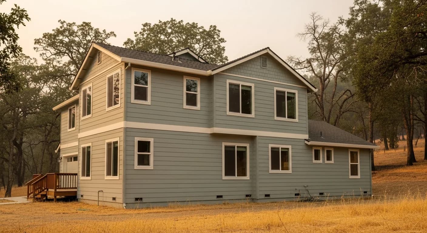 Sierra foothills two-story home in a California wildfire zone clad in non-combustible fiber cement siding amid dry golden grass and oak trees