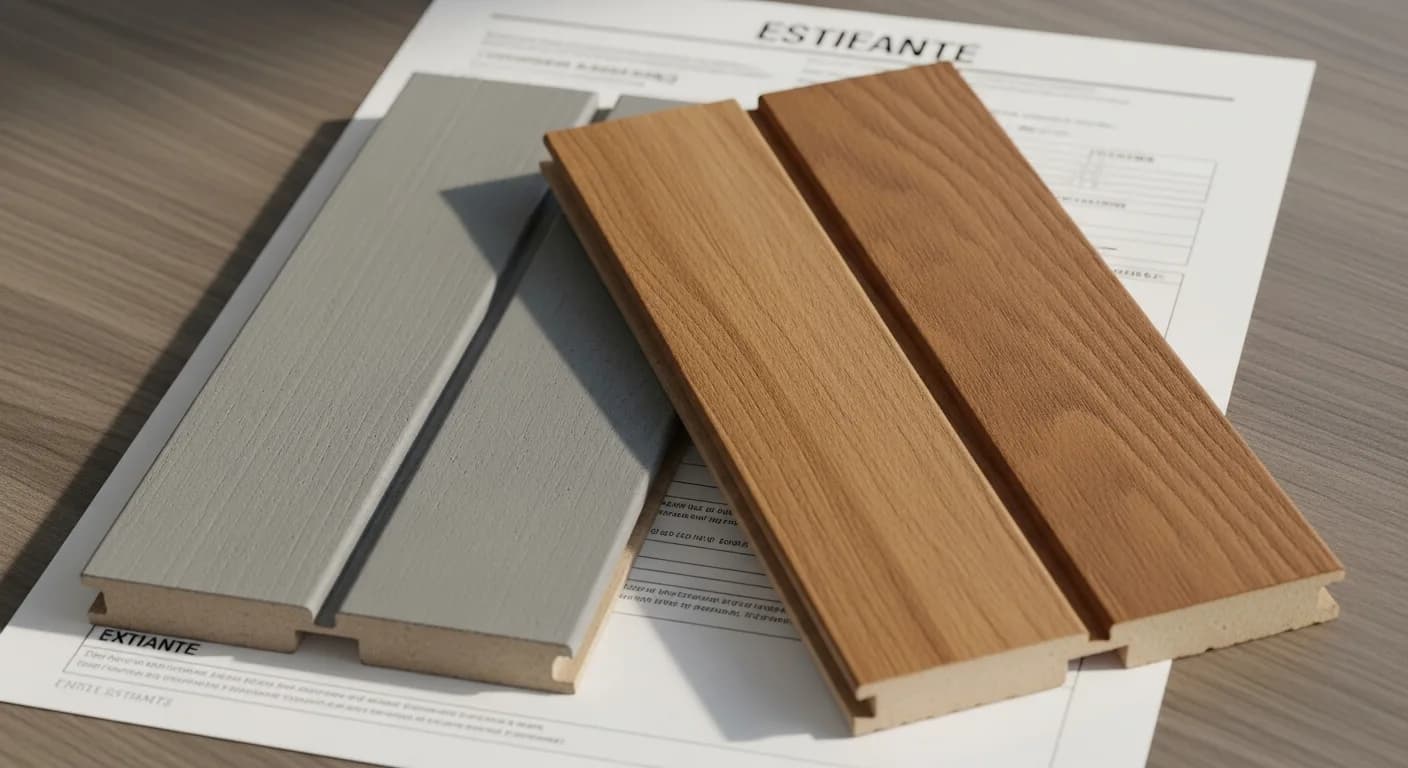 Two factory-finished siding plank samples, fiber cement and engineered wood, resting on a California siding project estimate document