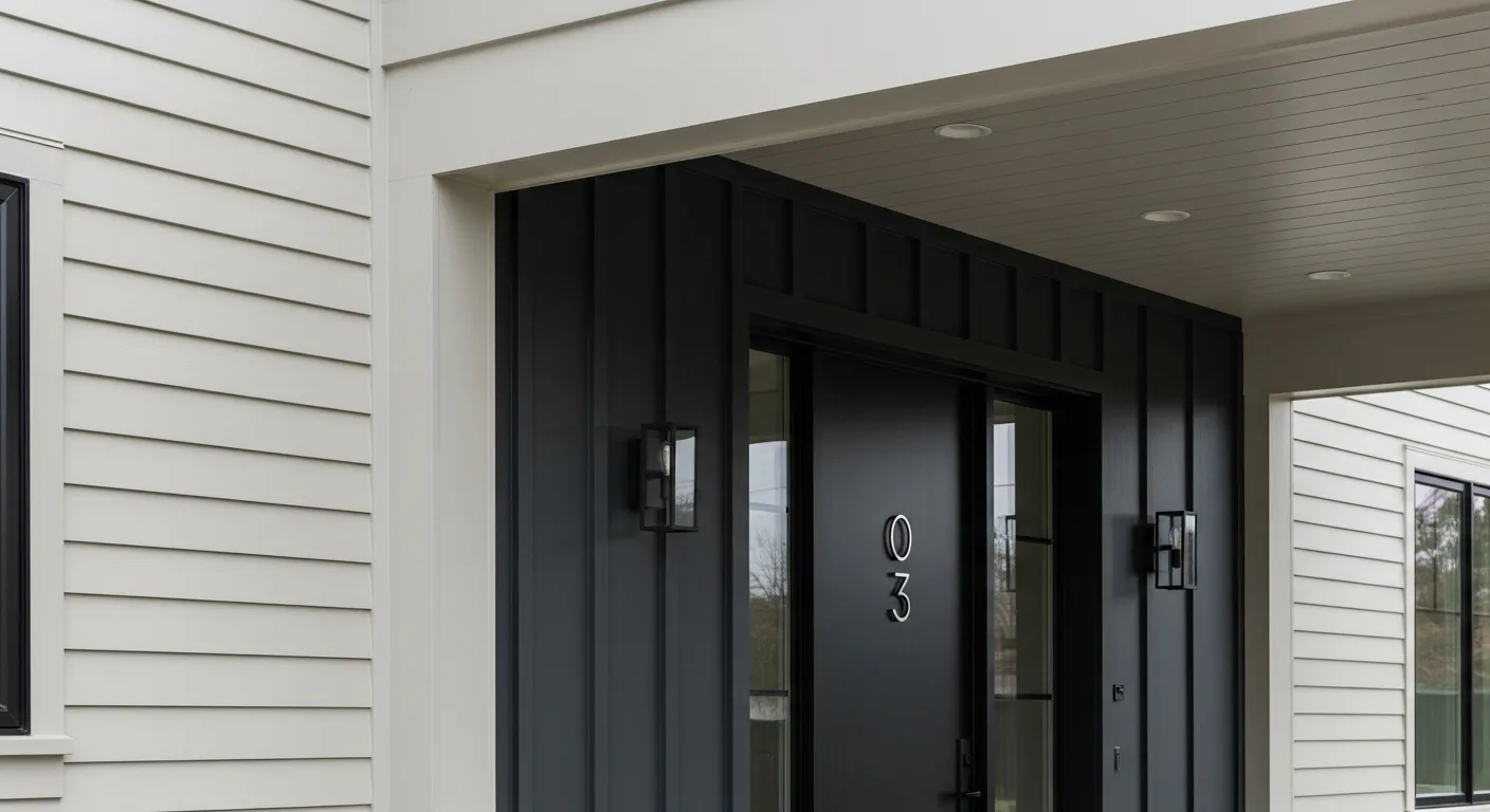 Contrasting modern entry of a California farmhouse with darker vertical siding framing the front door and quiet light-toned lap siding surrounding it