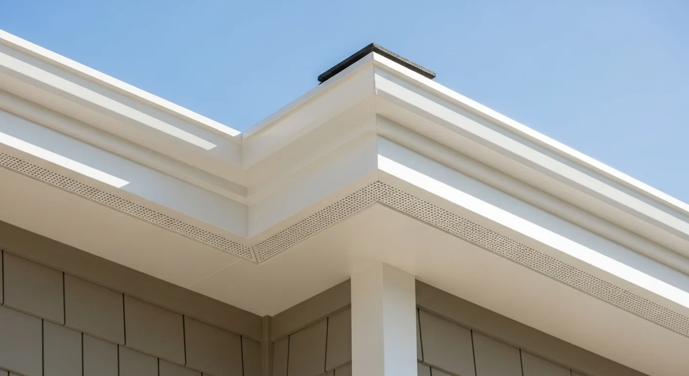 Detailed view of where fiber cement siding meets roofline fascia and frieze board on a California home, showing crisp cornice transitions