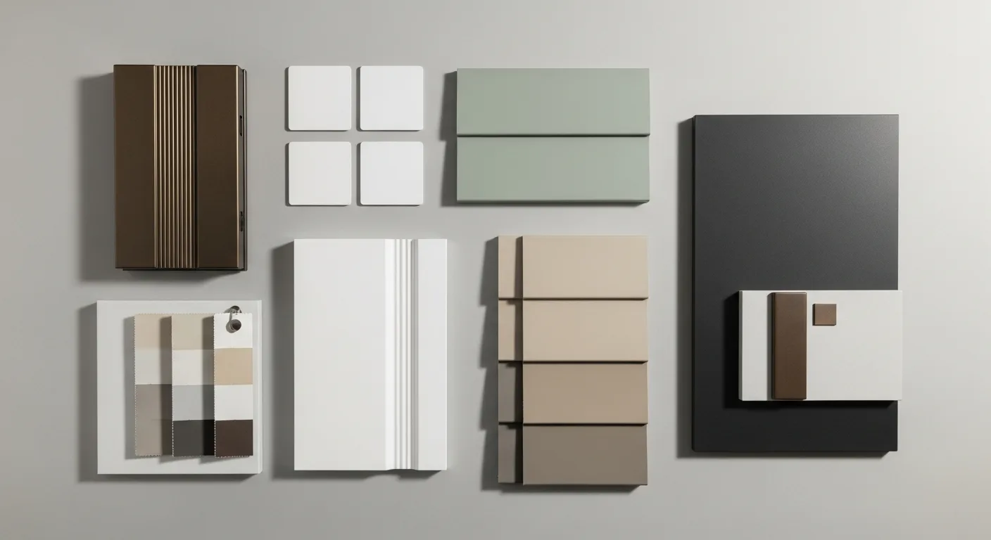 Modern California exterior color and material palette board with fiber cement siding samples, trim chips, and dark bronze window finish swatches