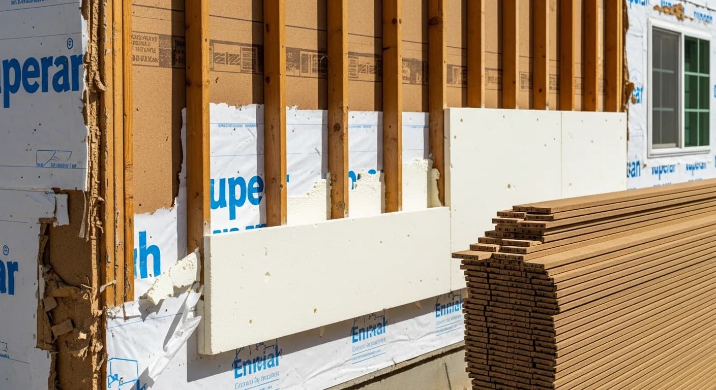 Crew installing rigid foam insulation board over wall sheathing during a Sacramento siding replacement, showing the layers behind fiber cement cladding