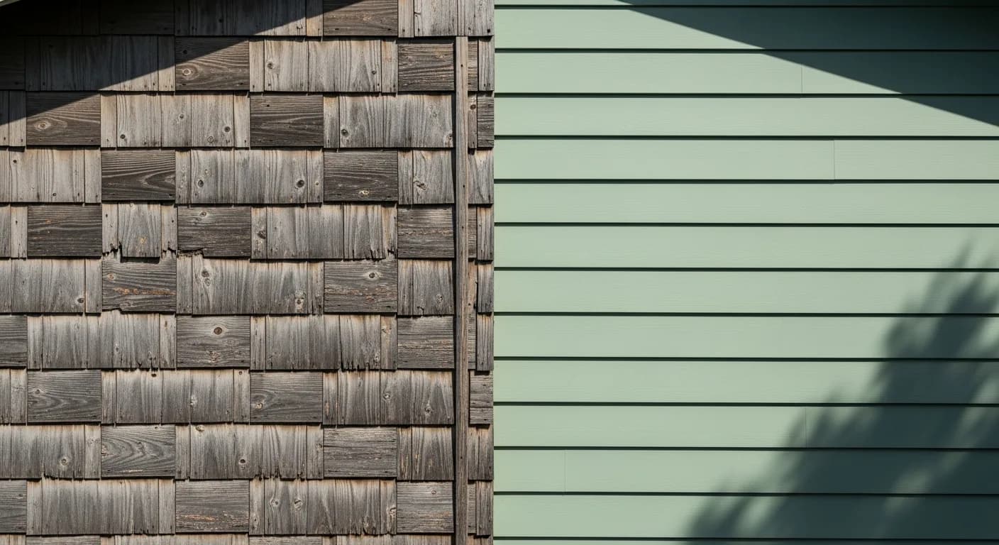 Side-by-side California home exterior showing weathered sun-faded T1-11 plywood siding on one elevation and crisp new fiber cement lap siding on another