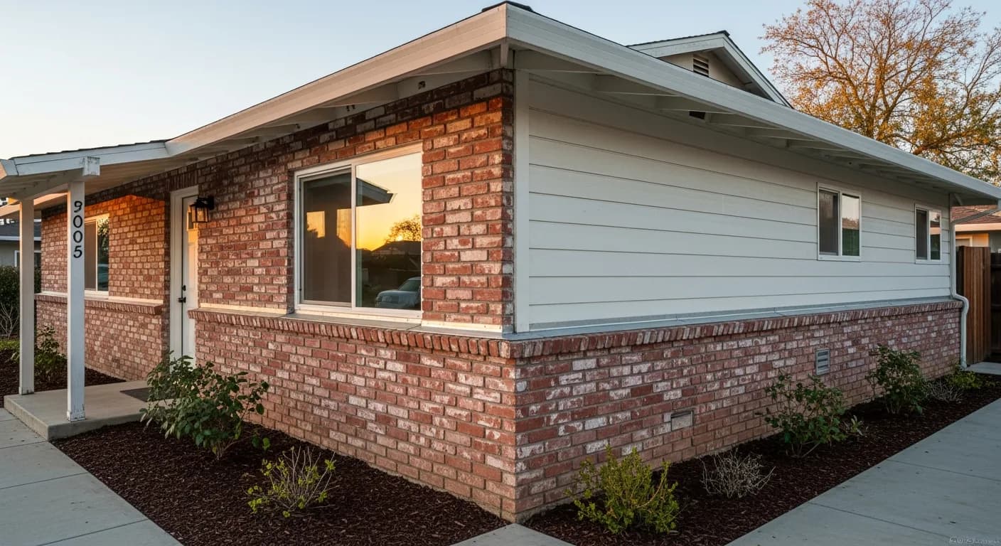 Sacramento home exterior mixing brick veneer on the front facade with painted lap siding on the side wall, showing the material transition and flashing detail