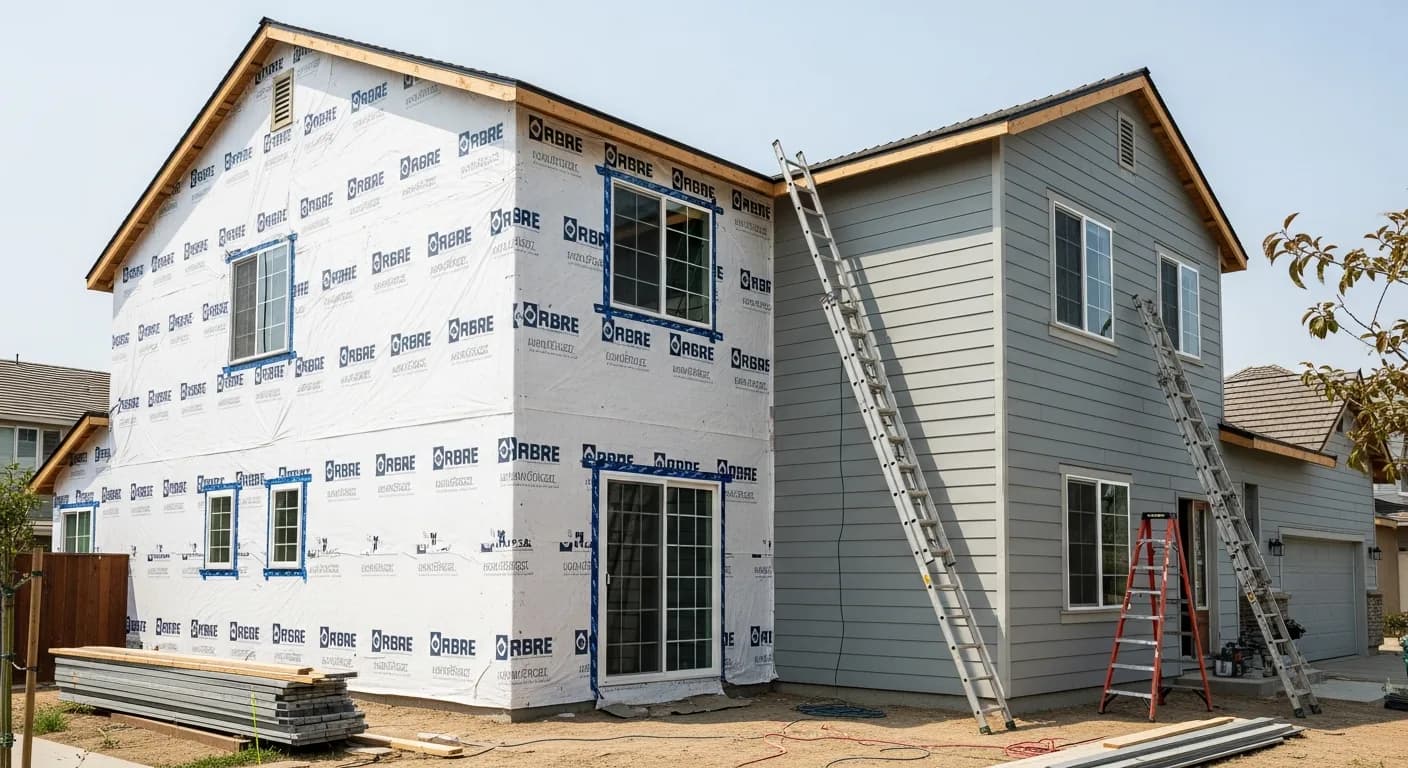 Sacramento home mid-re-side with one elevation dried in under white housewrap while new fiber cement boards go up on the adjacent wall during a phased install