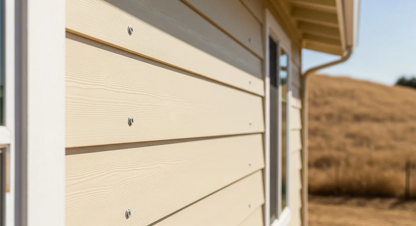 Close-up of cream-colored fiber cement lap siding on a California foothill home showing factory-baked finish, clean fastener lines, and trim detail under bright sun