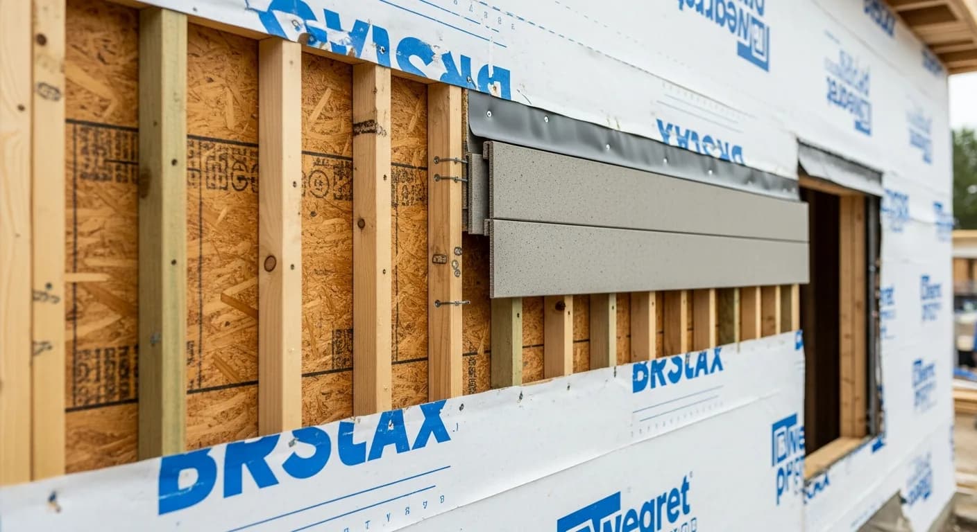 Cross-section view of a rainscreen siding installation showing furring strips, drainage gap, house wrap, and fiber cement board layered over wood sheathing on a California wall