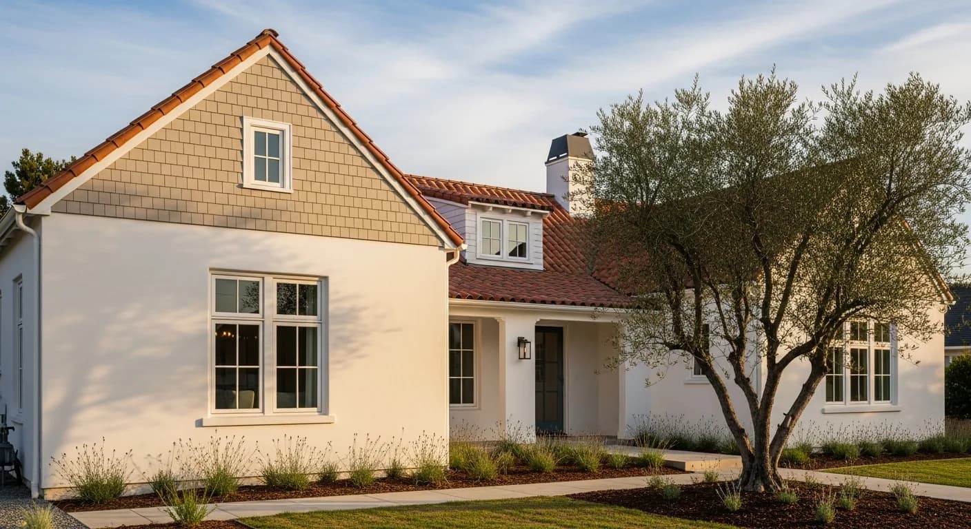 Spanish Revival California home with smooth white stucco walls and fiber cement shingle gable accents under a red clay tile roof in afternoon light