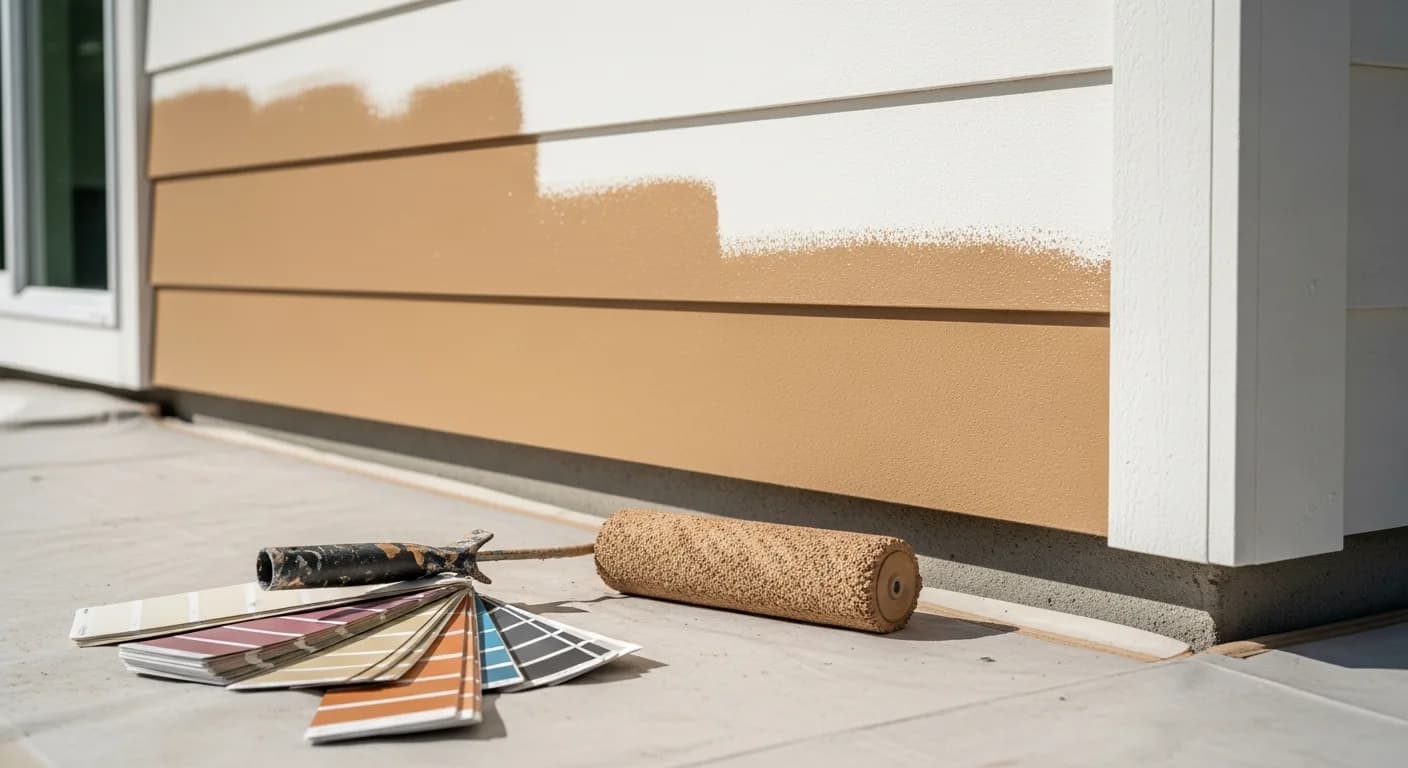 Painter rolling fresh acrylic exterior paint onto primed fiber cement lap siding on a sun-exposed west wall of a California home, brush and color swatches nearby