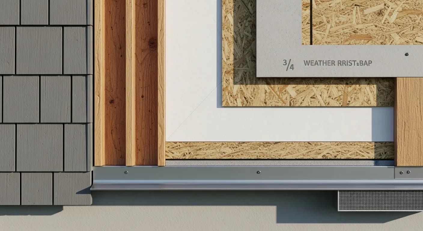 Cutaway detail of a Tahoe home exterior wall showing fiber cement siding over a ventilated rainscreen cavity, weather-resistive barrier, and weep base flashing for snow drainage