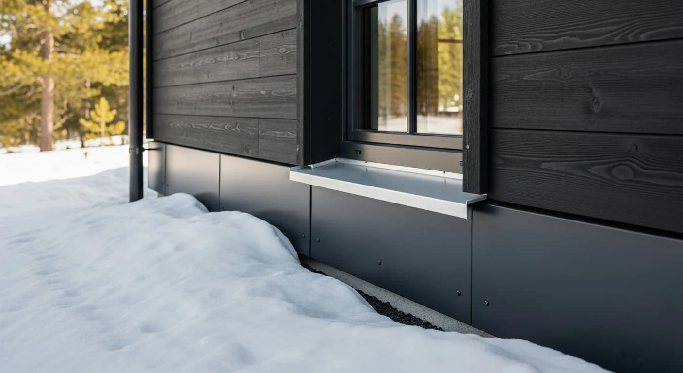 Exterior corner of a Truckee mountain cabin showing snow-rated head and sill flashing at a window with deep snowpack clearance above the foundation and dark fiber cement cladding