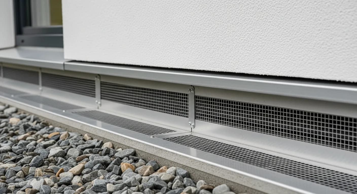 Base-of-wall detail on a California WUI mountain home combining a ventilated rainscreen weep track with ember-resistant mesh to satisfy both snow drainage and wildfire hardening