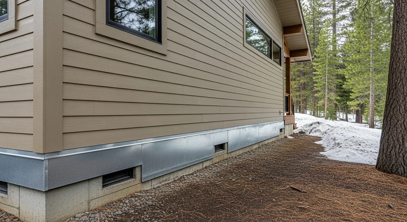 Late-spring exterior inspection of a Lake Tahoe home wall after snowmelt, showing dry fiber cement siding, intact flashing, and clear ground clearance at the foundation base