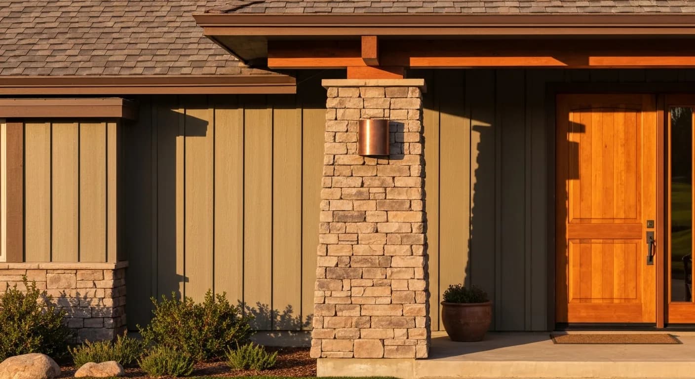 Alta Sierra golf course view home close-up with Hardie HardiePanel board-and-batten in Aged Pewter, stone column entry, copper light fixture, warm-stained wood door, premium California