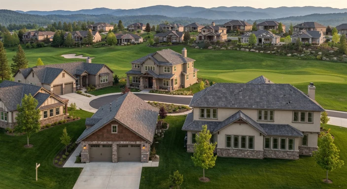 Wide-angle Alta Sierra country club community with custom estate homes in coordinated Hardie ColorPlus exteriors, mature pine canopy, golf course fairway, Nevada County