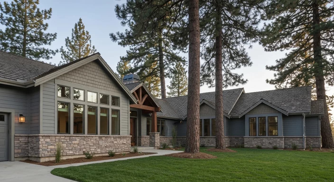 Alta Sierra hillside premium home with Hardie body in Boothbay Blue, manufactured stone wainscot, board-and-batten gable, mature pine, cleared Zone 0 stone landscape, fire-safe golf community