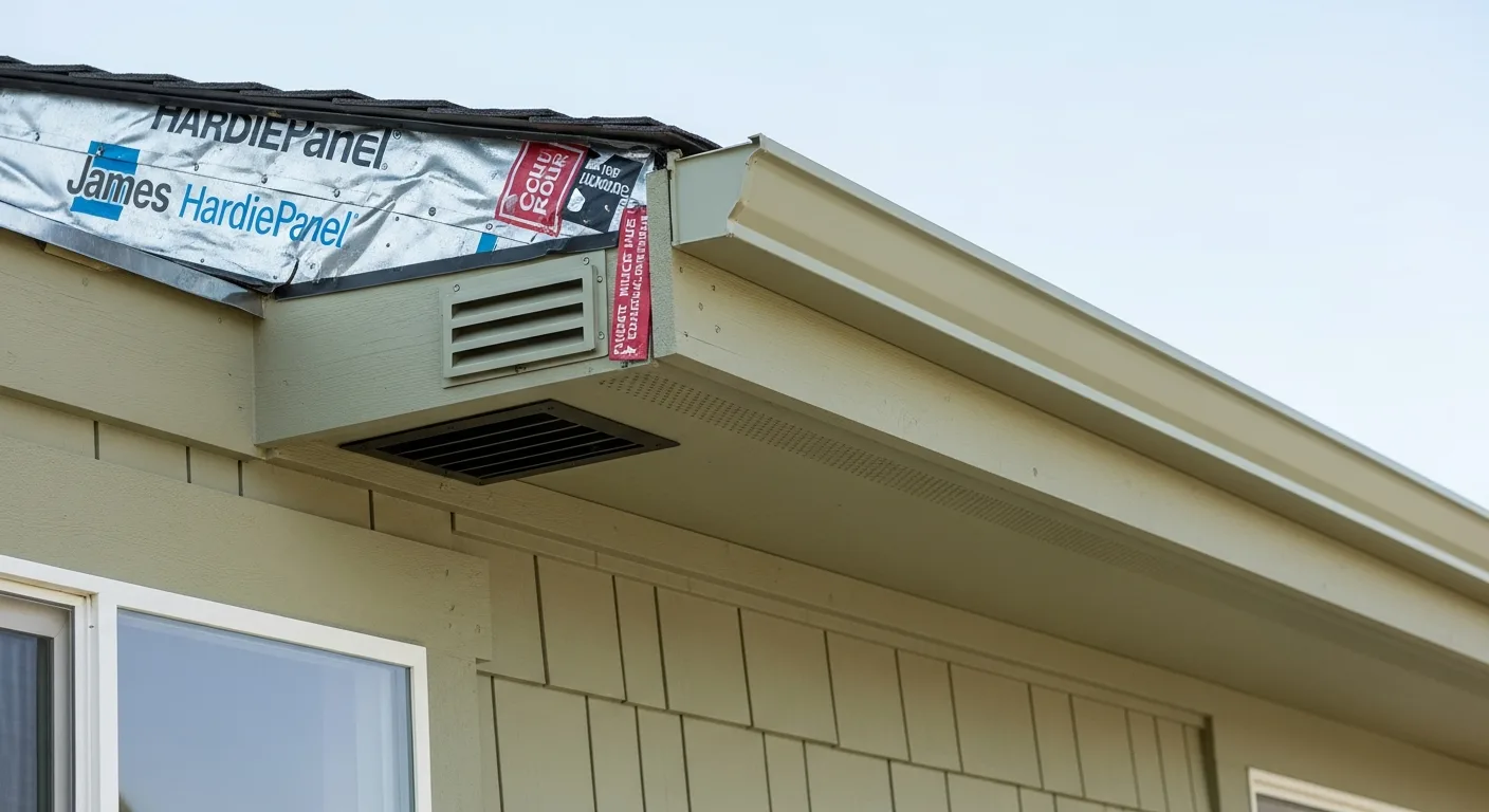 Auburn WUI-code assembly detail: Hardie HardiePanel board-and-batten with non-combustible ember-resistant vent in soffit, kickout flashing at roof-wall transition, fire-safe California craftsman