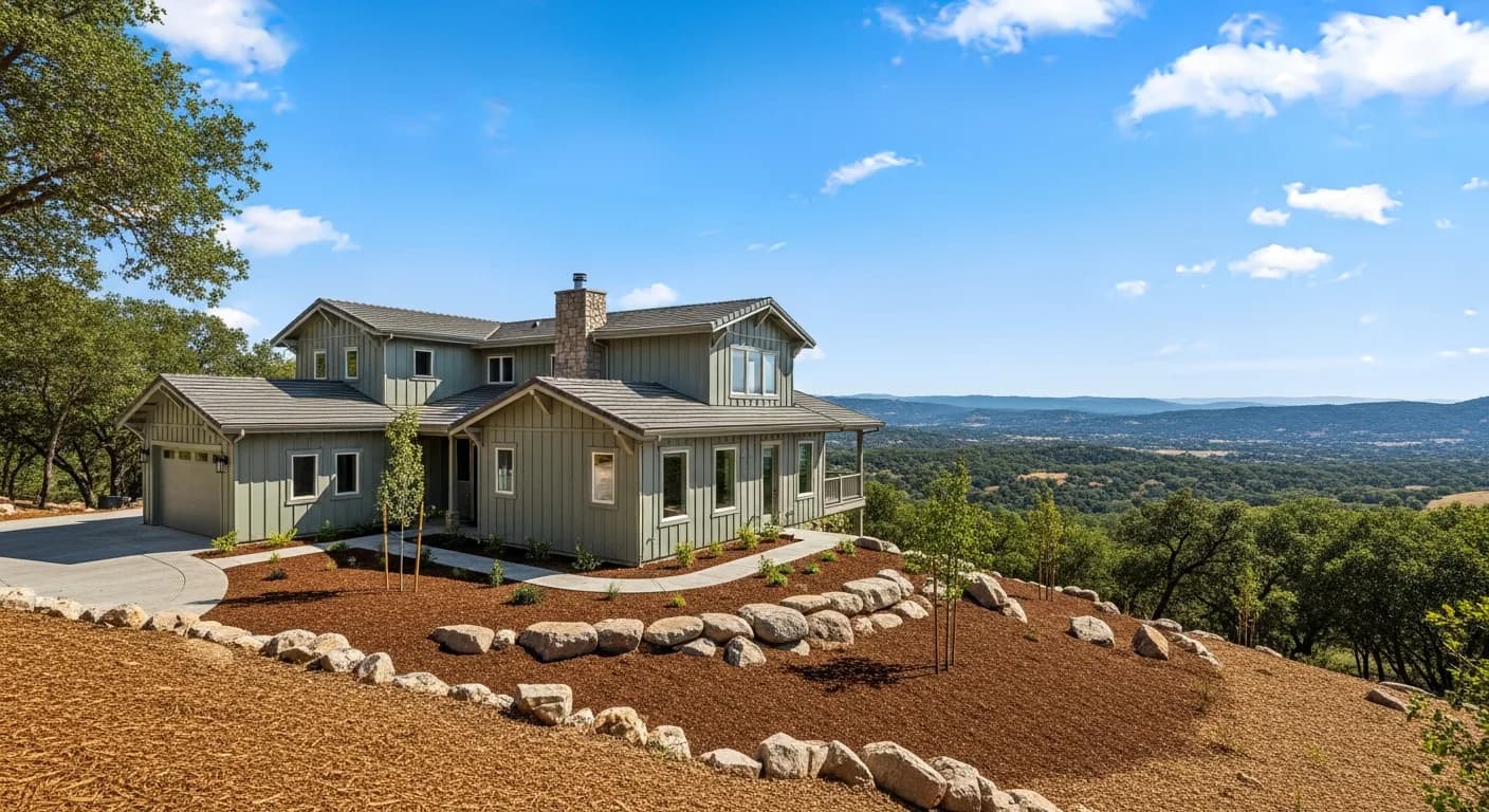 Wide-angle Auburn foothill home on ridge with Hardie fiber cement in Heathered Moss sage, defensible space cleared in oak savanna, exposed granite landscaping, fire-safe Zone 0 California foothills