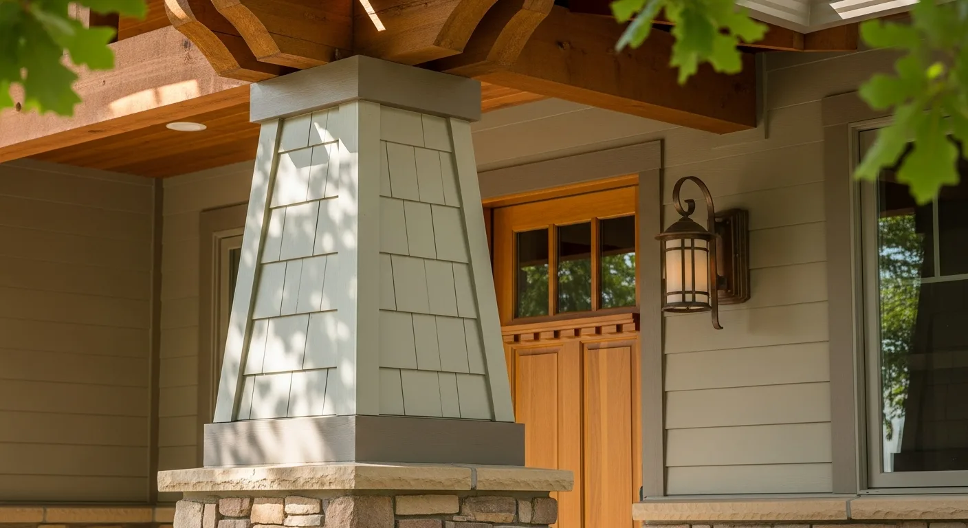 Auburn craftsman detail: tapered Hardie-wrapped porch column at stone base, exposed rafter tail above, warm-stained wood front door, copper sconce, dappled oak shade, California foothill architecture
