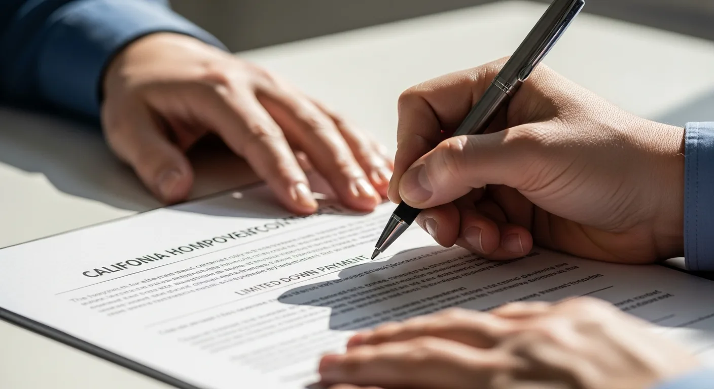 Hands signing a California home improvement contract with a pen, limited down payment compliance detail