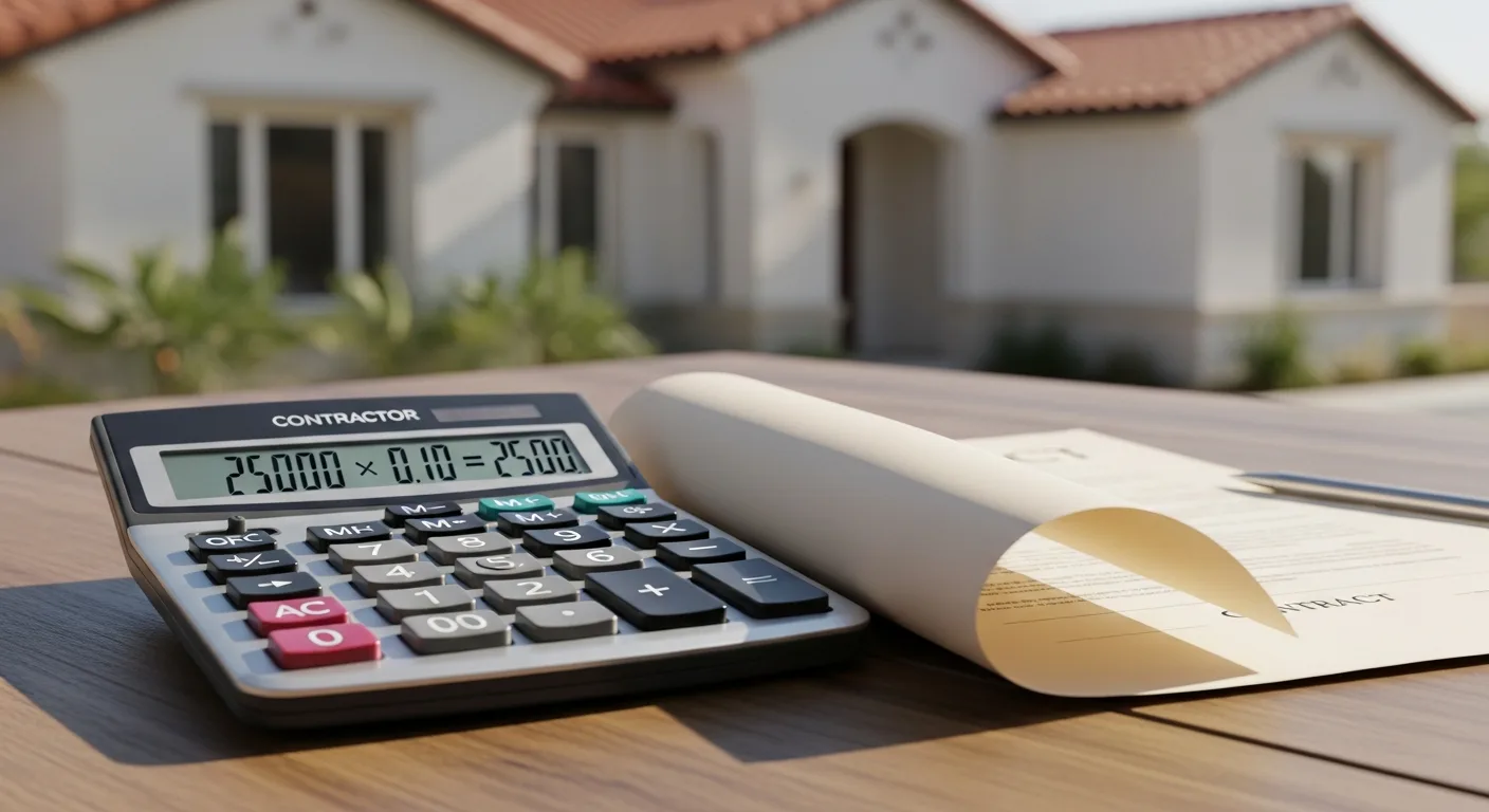 Calculator and contract beside a California home exterior representing contractor deposit and payment math